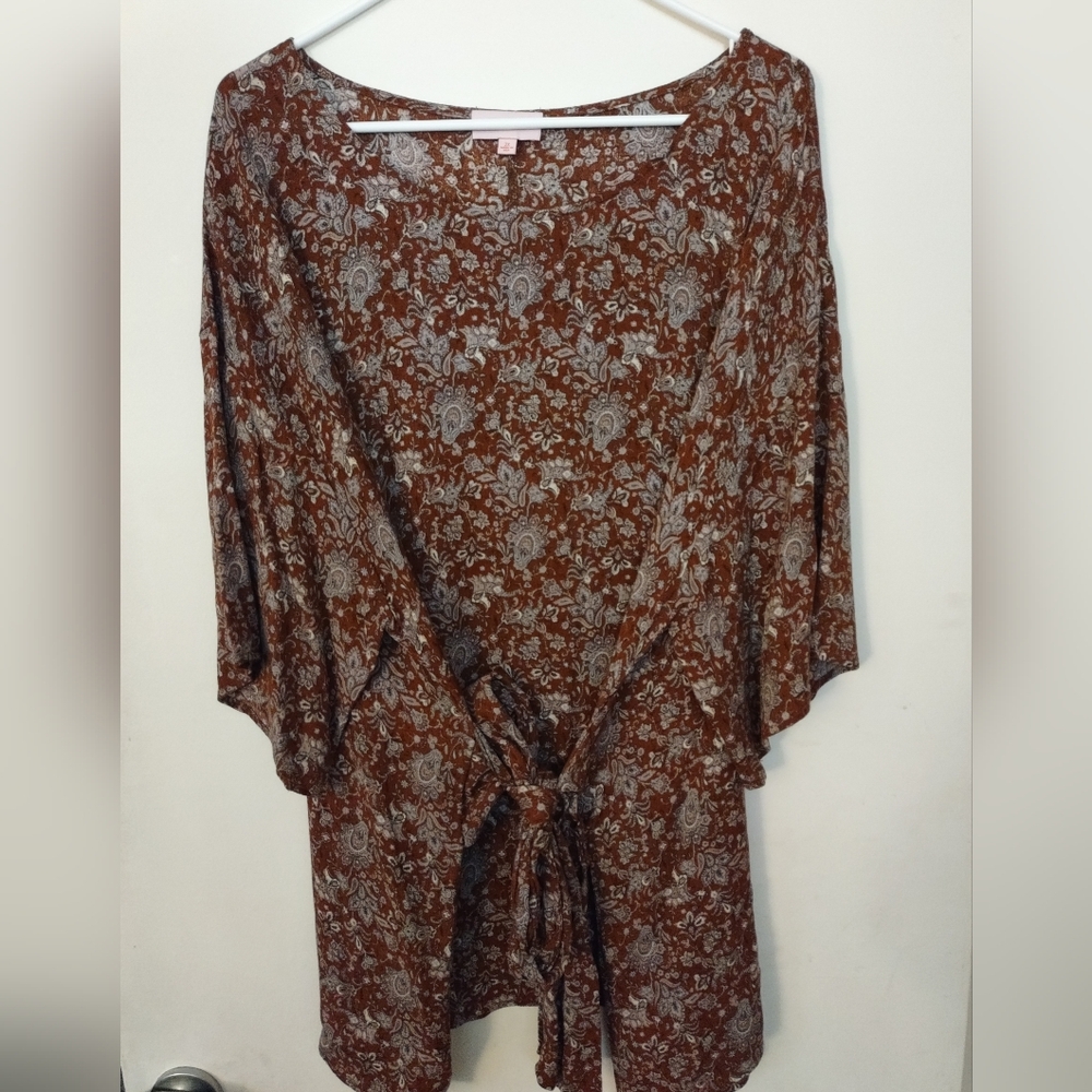 Brown Tie Front 3/4 Sleeve Tunic